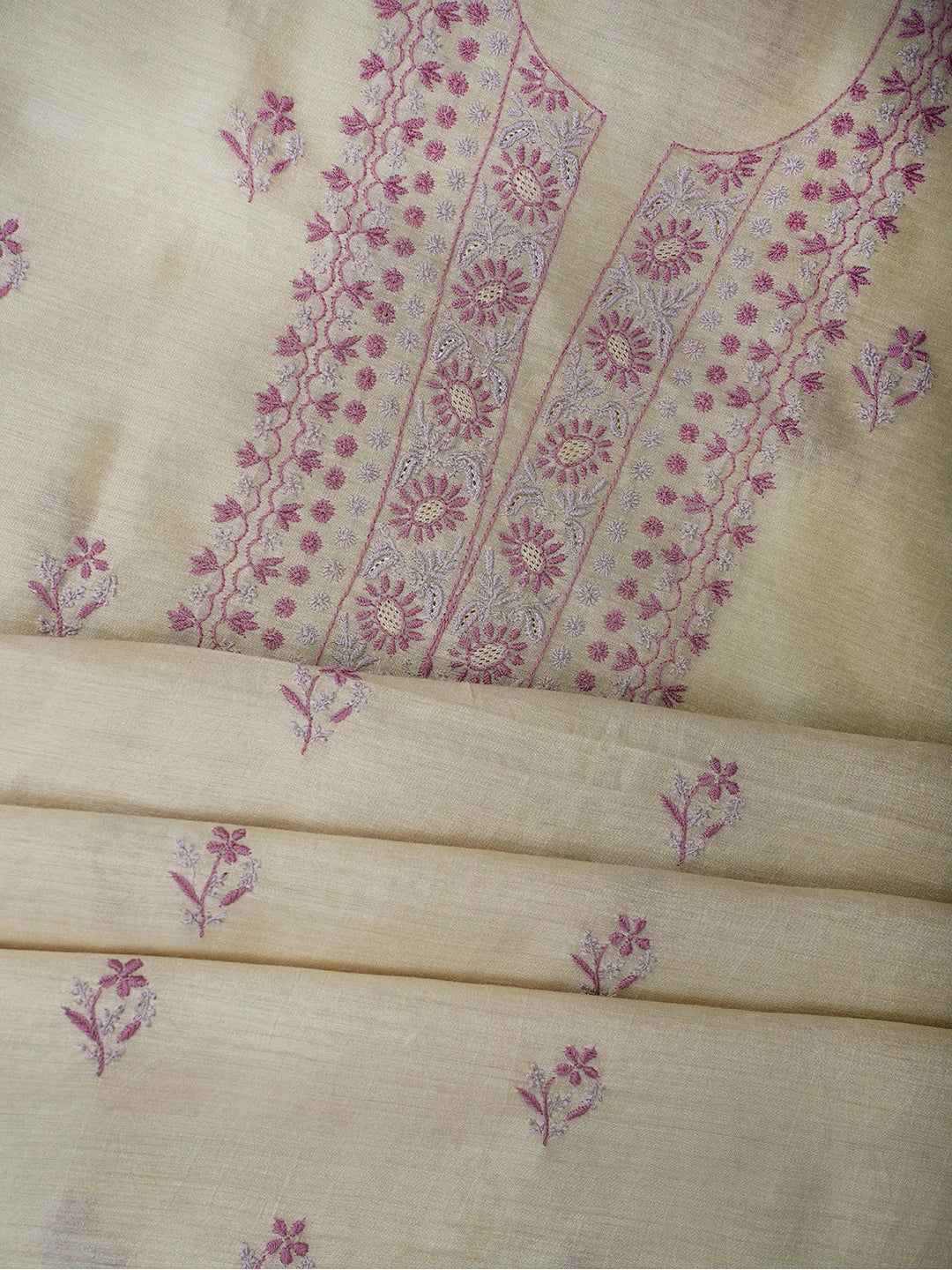 Ada Hand Embroidered Fawn Moonga Silk Lucknowi Chikankari Unstitched Kurta Dupatta Set 01A680743