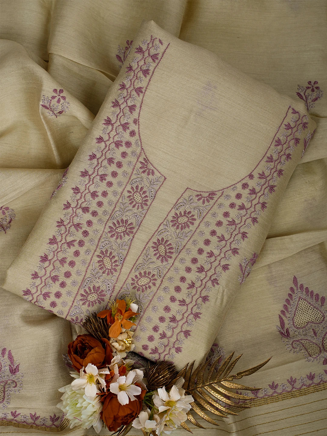 Ada Hand Embroidered Fawn Moonga Silk Lucknowi Chikankari Unstitched Kurta Dupatta Set 01A680743