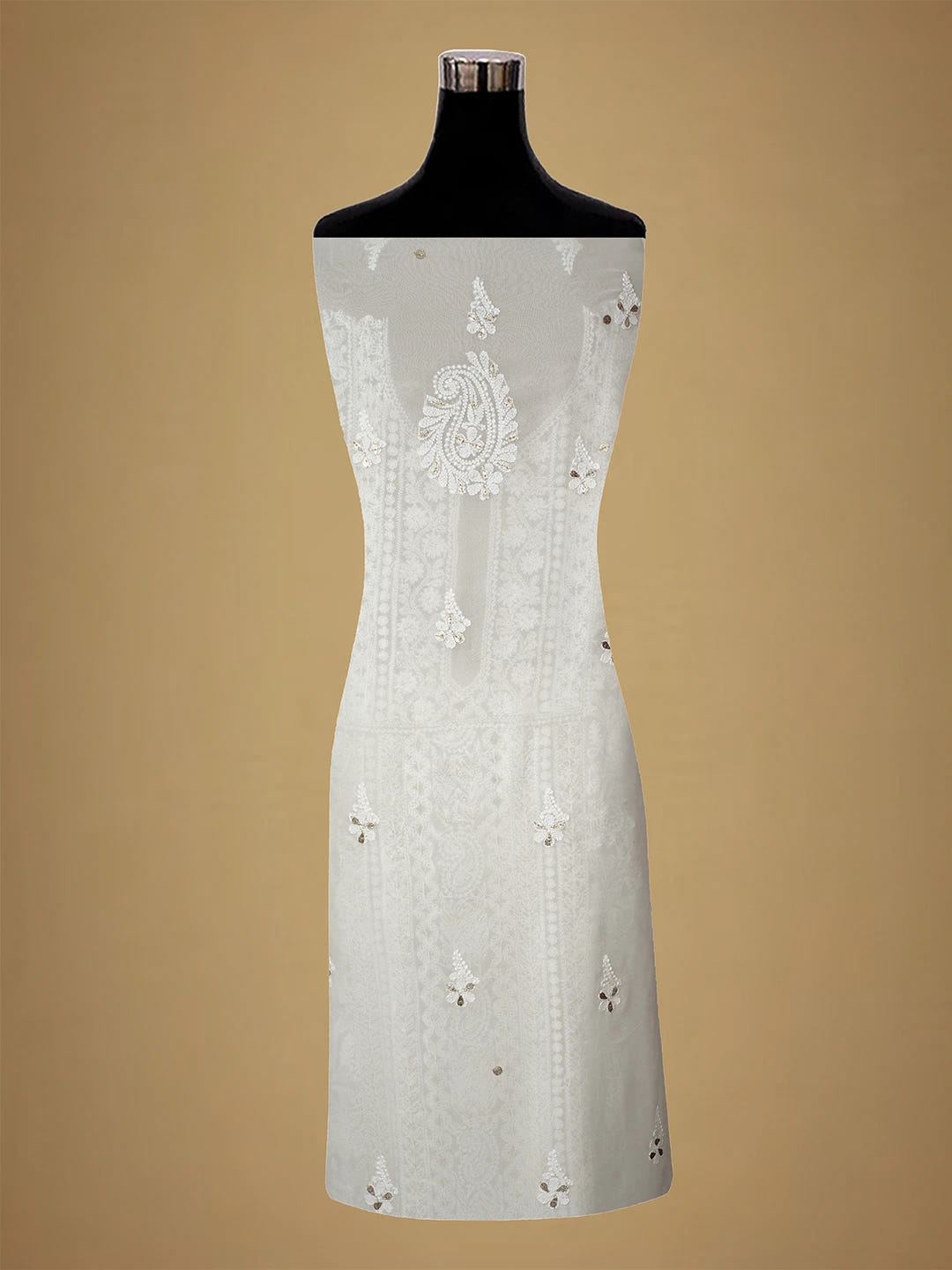 Ada Hand Embroidered White Viscose Georgette Lucknowi Chikankari Unstitched Kurta Dupatta Set With Gota Patti Work 01A706323