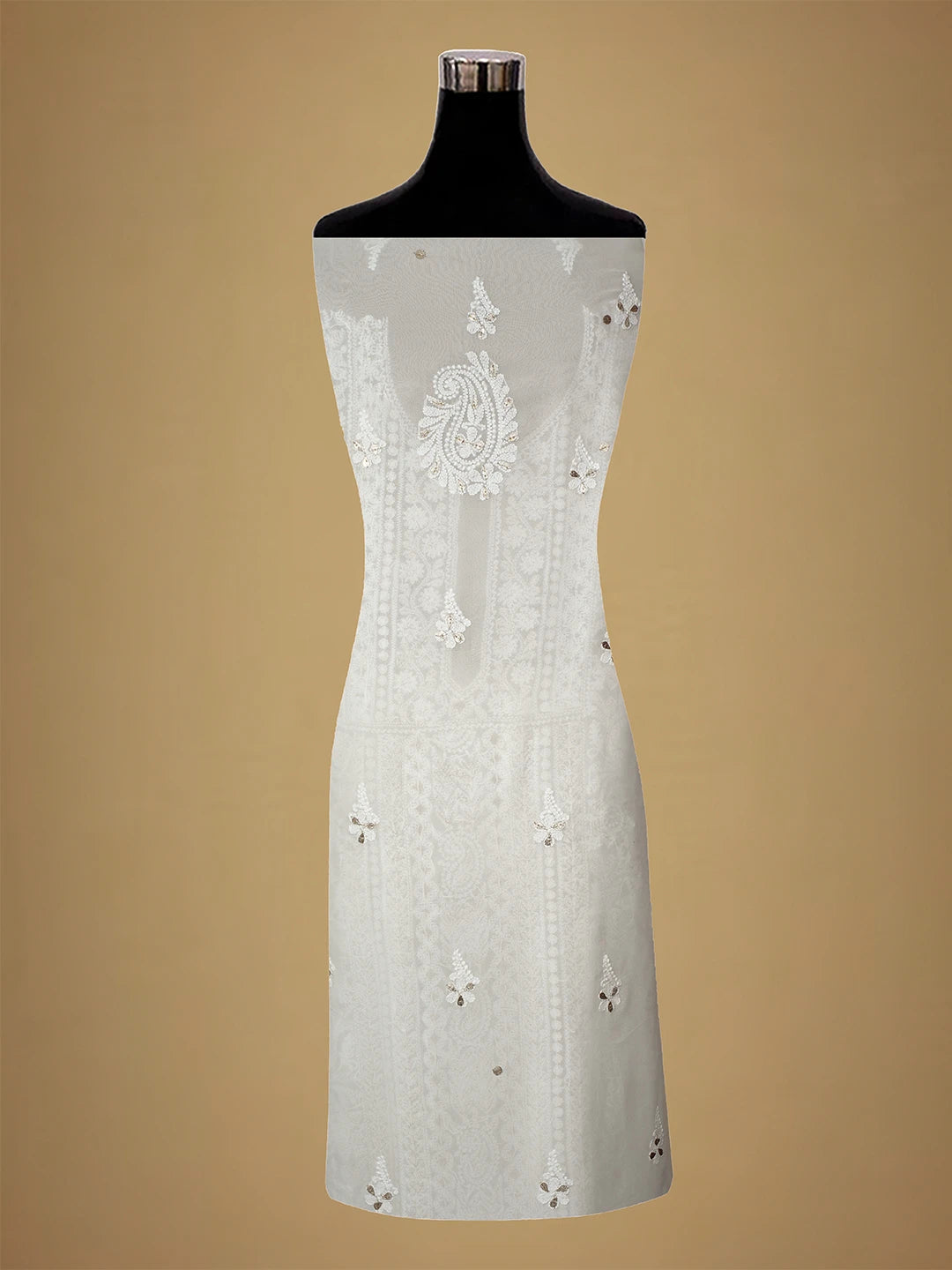 Ada Hand Embroidered White Viscose Georgette Lucknowi Chikankari Unstitched Kurta Dupatta Set With Gota Patti Work 01A706323
