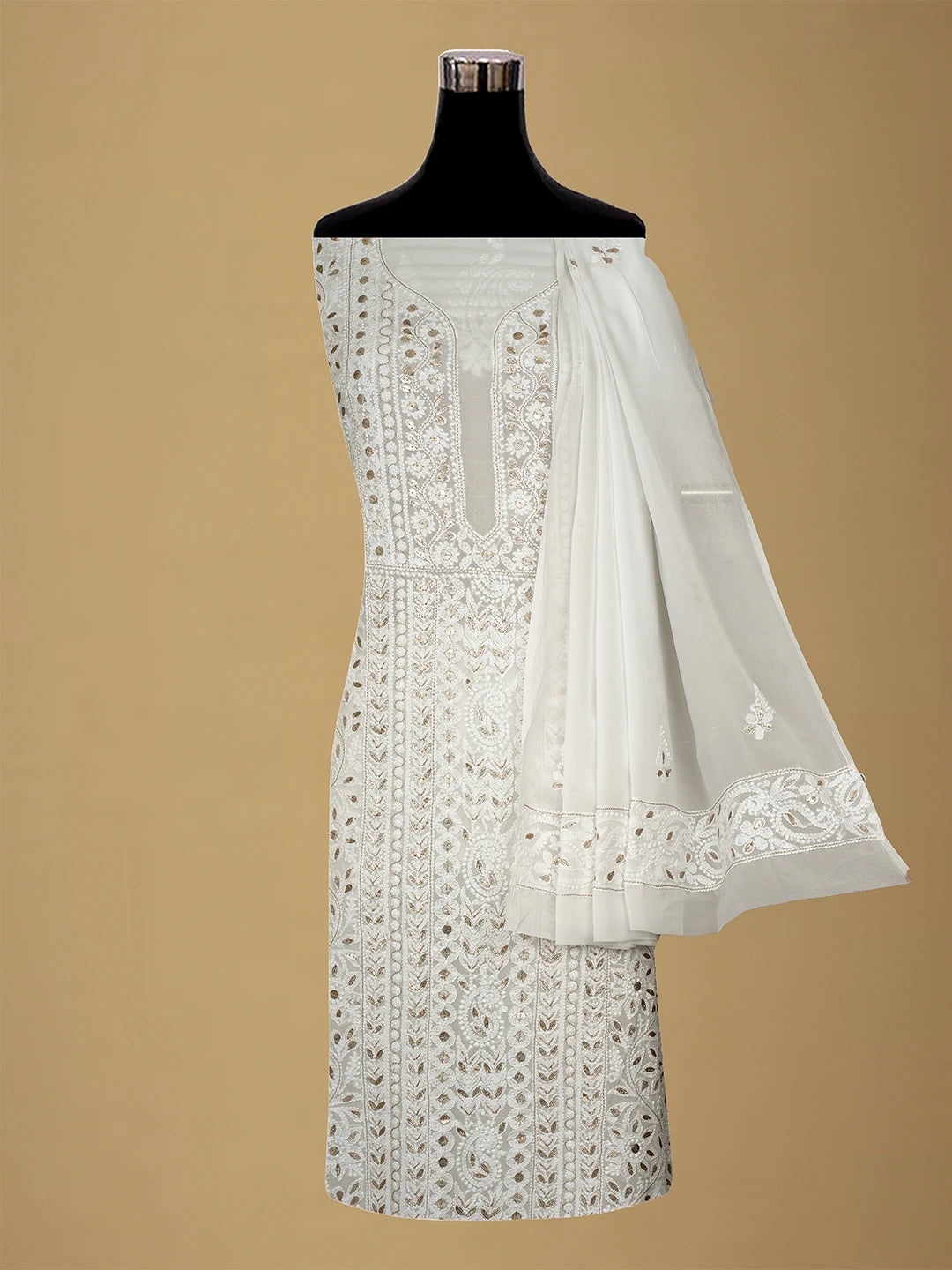 Ada Hand Embroidered White Viscose Georgette Lucknowi Chikankari Unstitched Kurta Dupatta Set With Gota Patti Work 01A706323