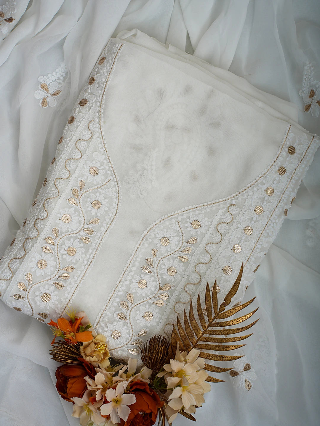 Ada Hand Embroidered White Viscose Georgette Lucknowi Chikankari Unstitched Kurta Dupatta Set With Gota Patti Work 01A706323