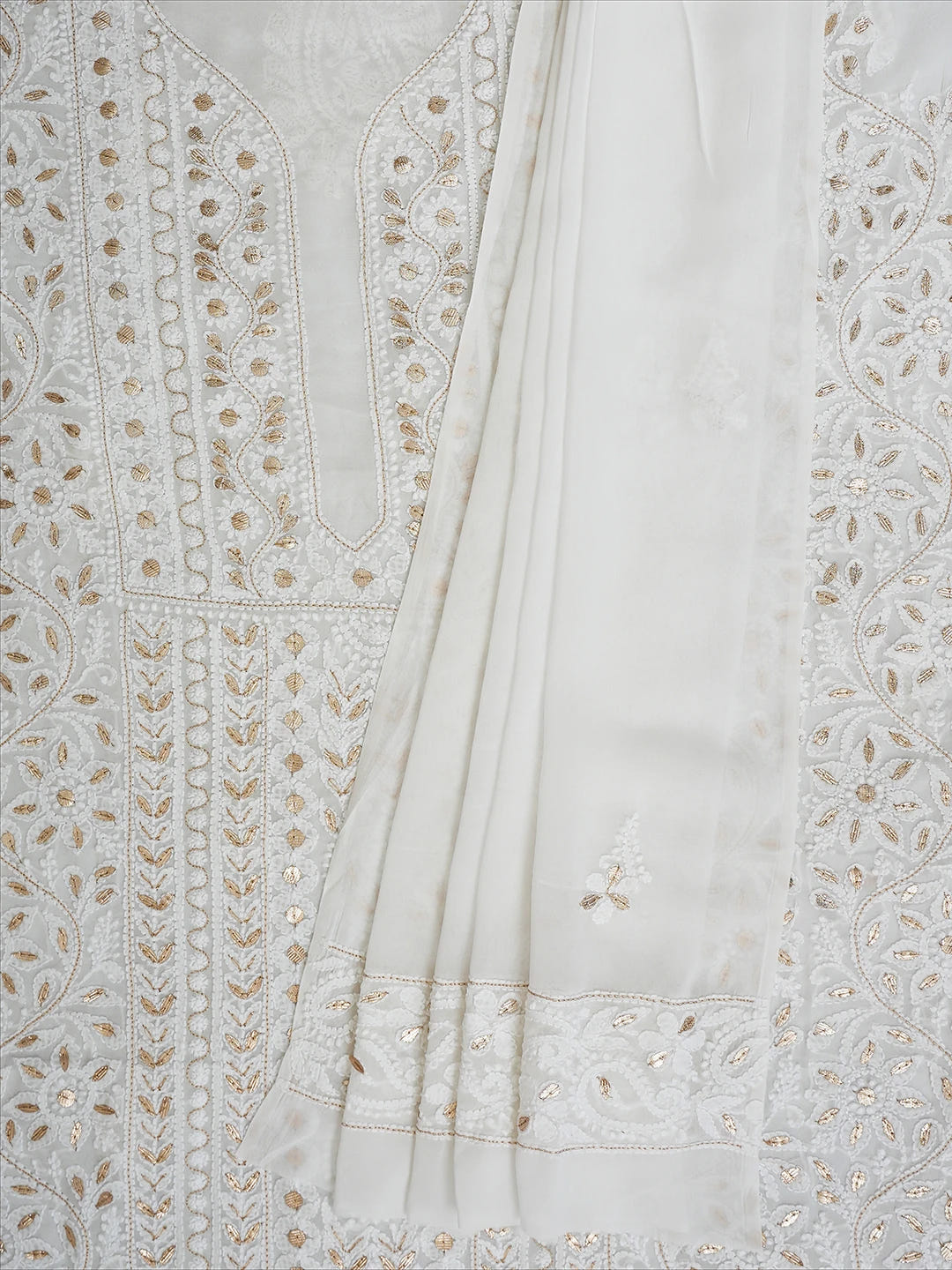 Ada Hand Embroidered White Viscose Georgette Lucknowi Chikankari Unstitched Kurta Dupatta Set With Gota Patti Work 01A706323
