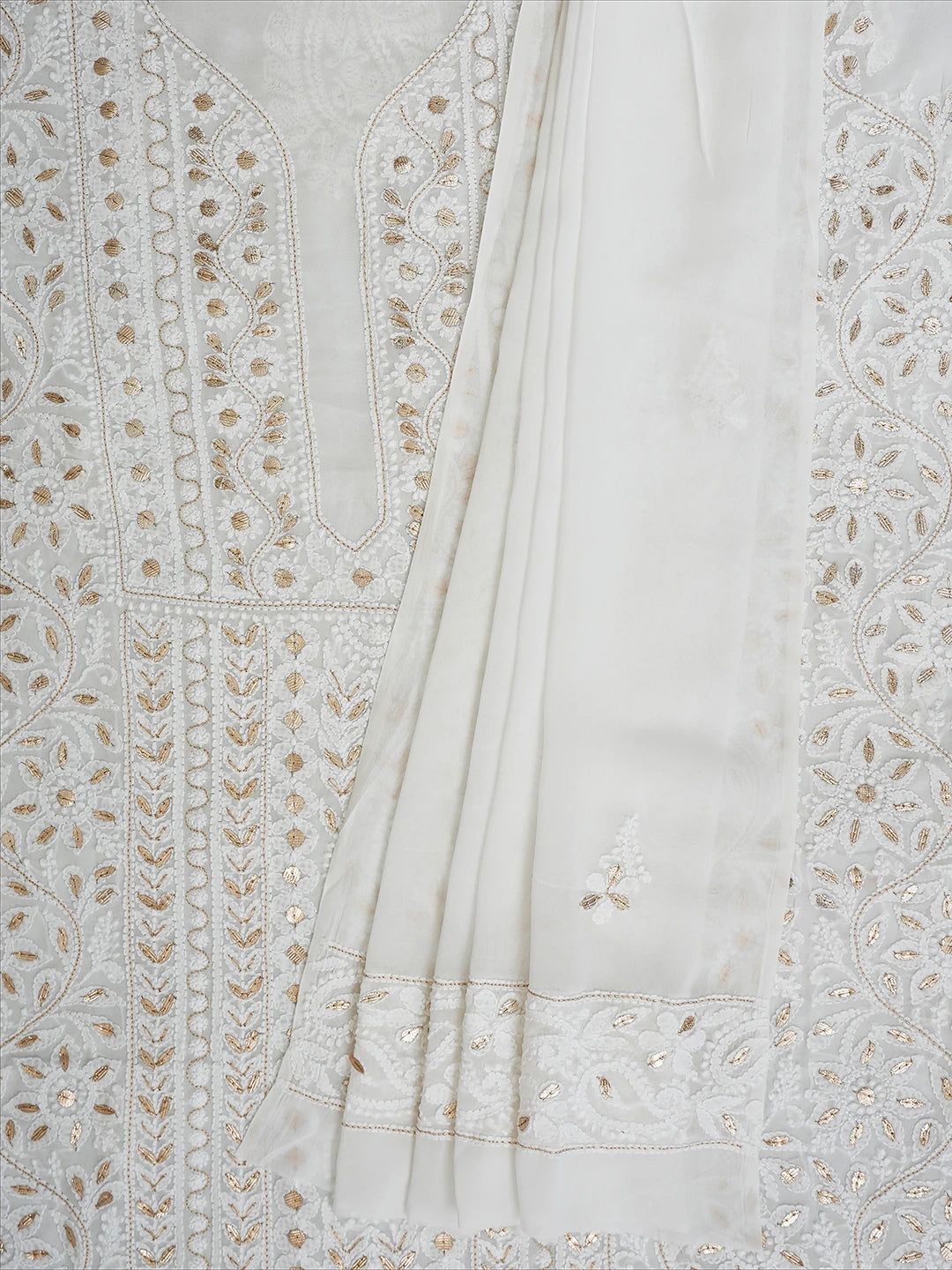 Ada Hand Embroidered White Viscose Georgette Lucknowi Chikankari Unstitched Kurta Dupatta Set With Gota Patti Work 01A706323
