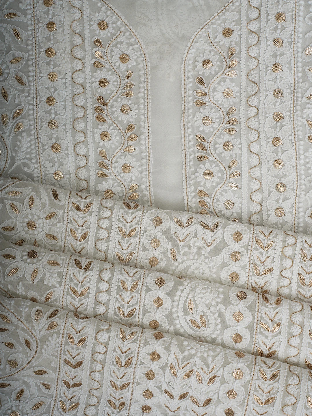 Ada Hand Embroidered White Viscose Georgette Lucknowi Chikankari Unstitched Kurta Dupatta Set With Gota Patti Work 01A706323