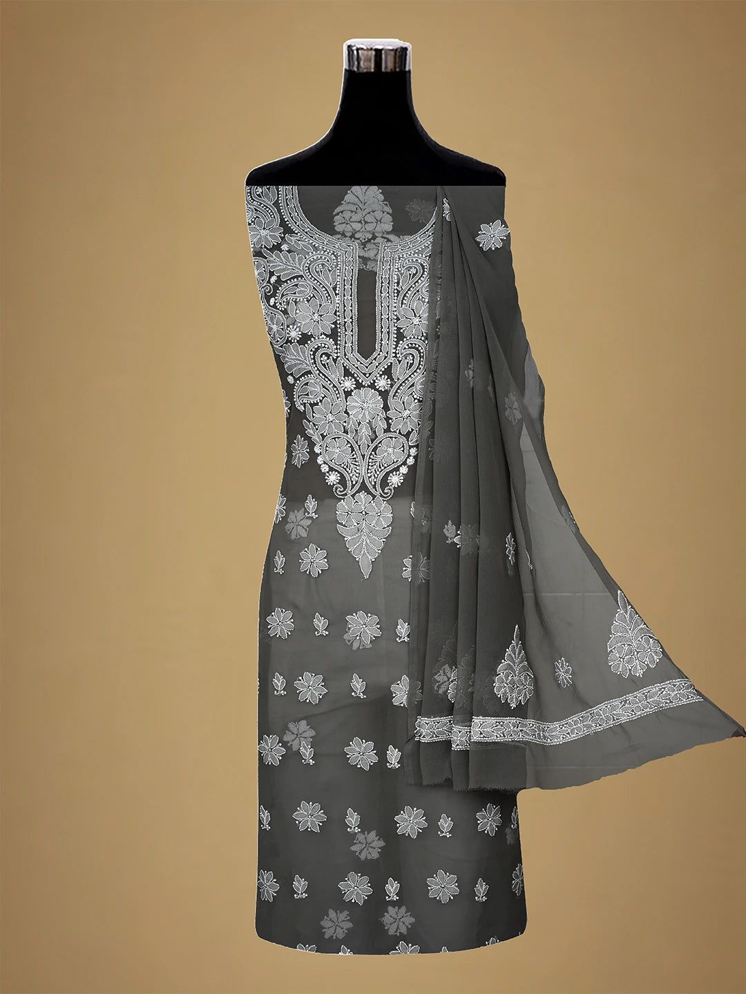 Ada Hand Embroidered Grey Georgette Lucknowi Chikankari Unstitched Suit Piece 01A711160