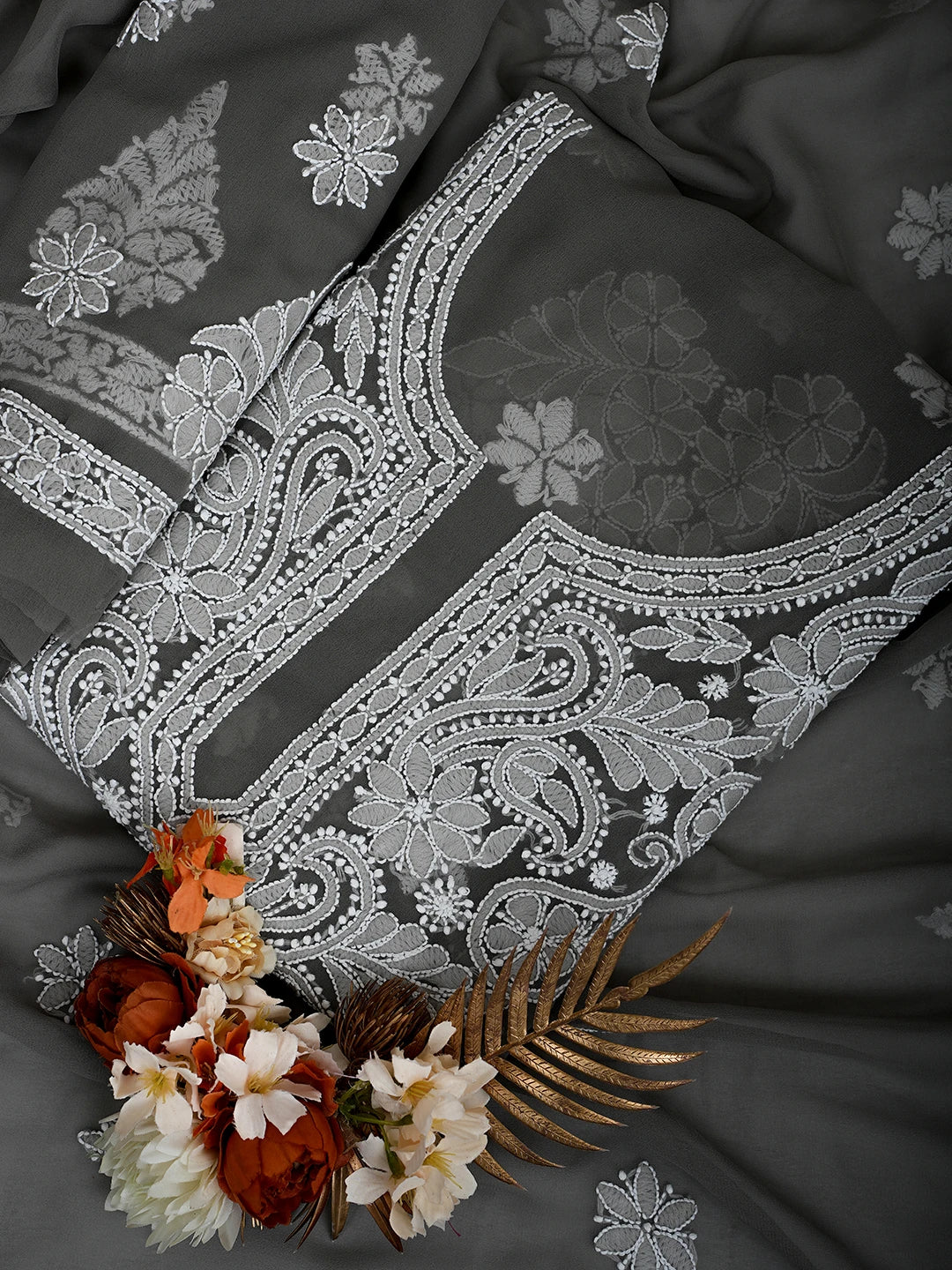 Ada Hand Embroidered Grey Georgette Lucknowi Chikankari Unstitched Suit Piece 01A711160