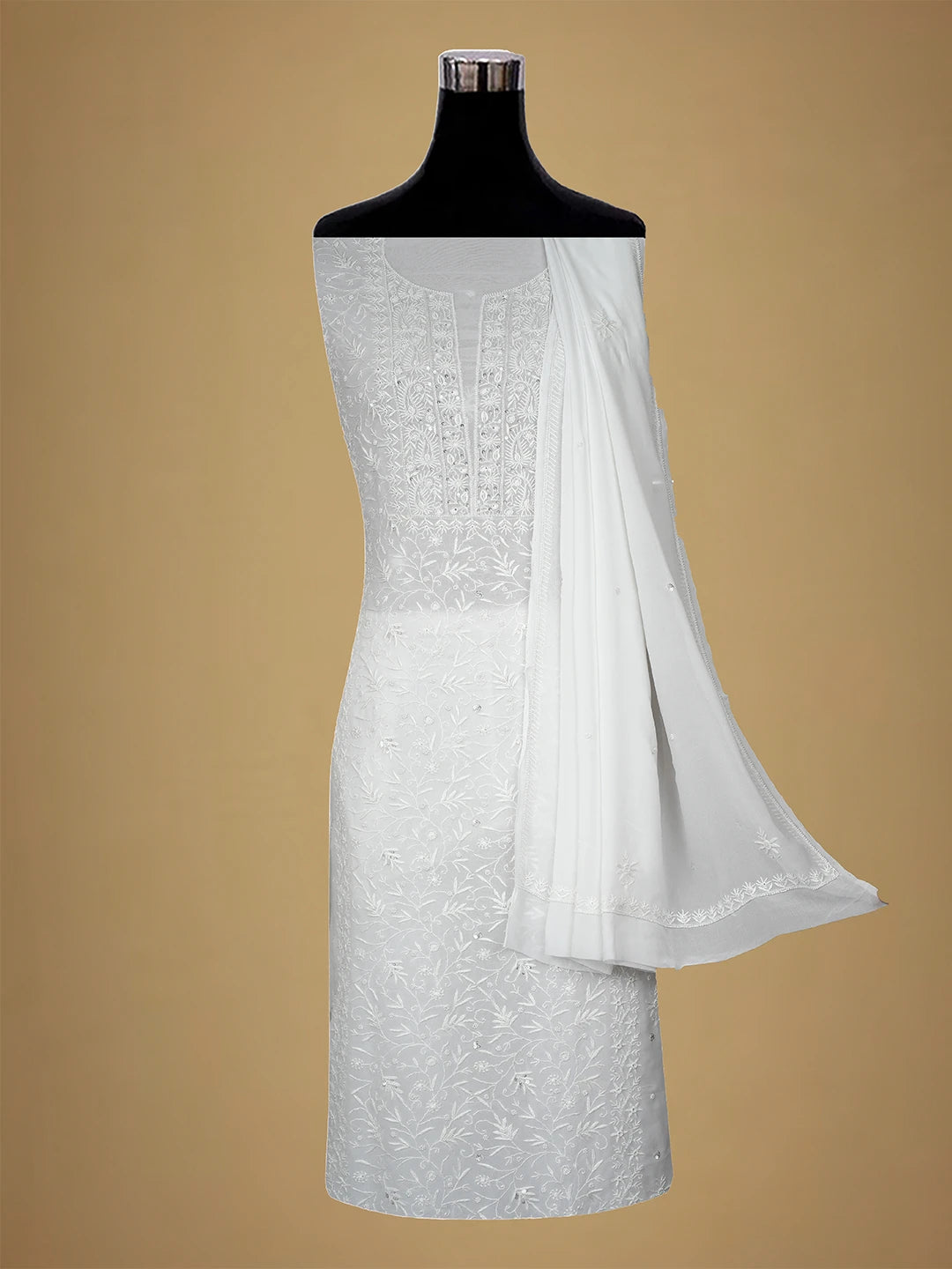 Ada Hand Embroidered White Viscose Georgette Lucknowi Chikankari Unstitched Kurta Dupatta Set With Cutdana Work 01A705078