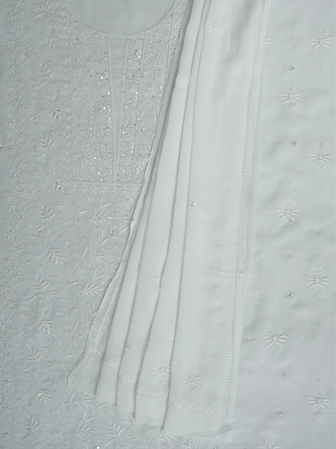 Ada Hand Embroidered White Viscose Georgette Lucknowi Chikankari Unstitched Kurta Dupatta Set With Cutdana Work 01A705078