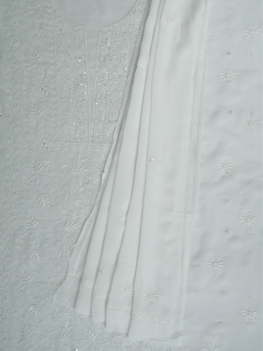 Ada Hand Embroidered White Viscose Georgette Lucknowi Chikankari Unstitched Kurta Dupatta Set With Cutdana Work 01A705078