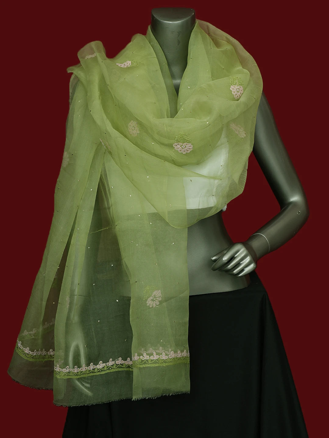 Ada Hand Embroidered Lime Green Organza Lucknowi Chikankari Dupatta With Muqaish Work 01A517561