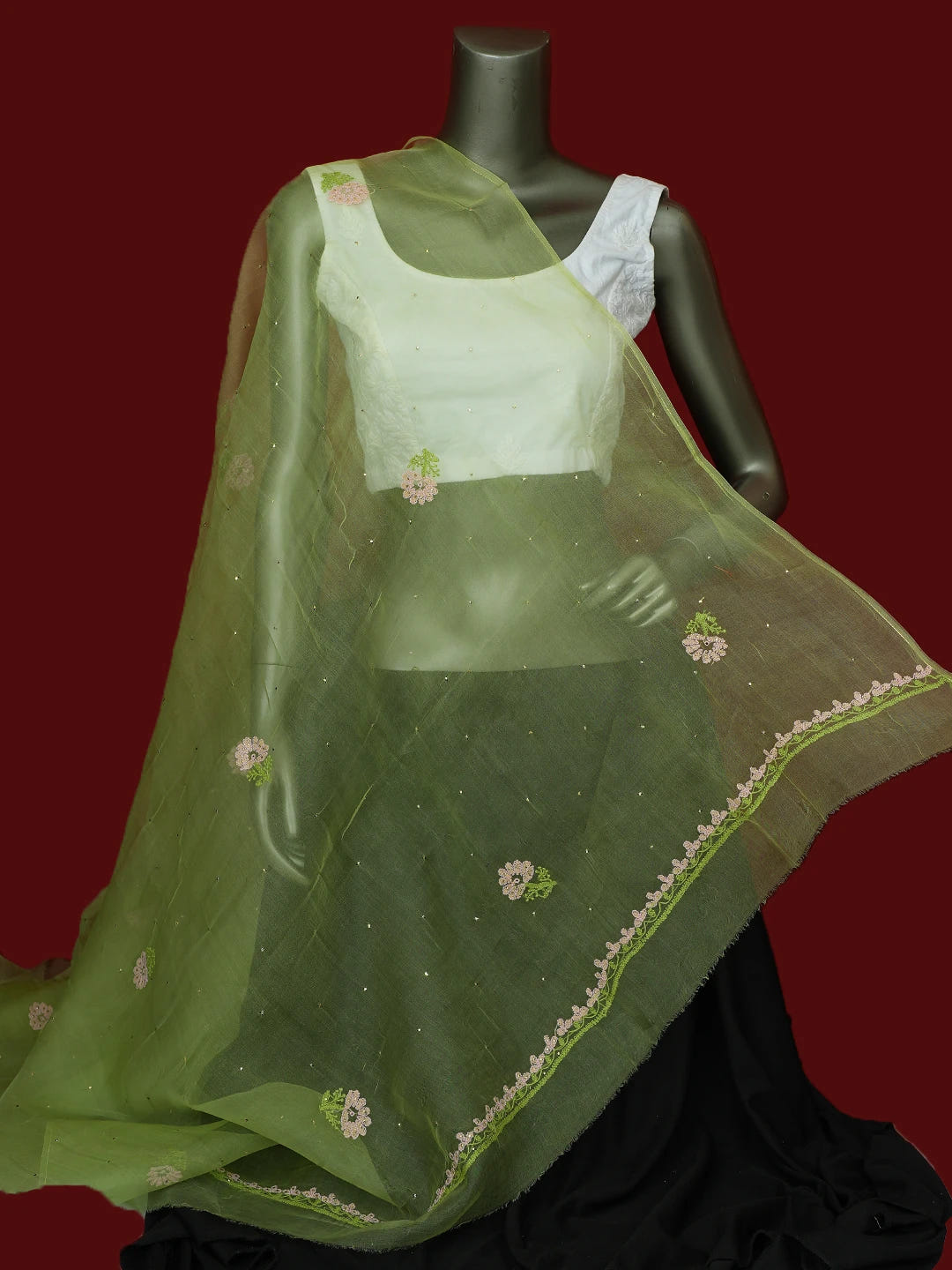 Ada Hand Embroidered Lime Green Organza Lucknowi Chikankari Dupatta With Muqaish Work 01A517561
