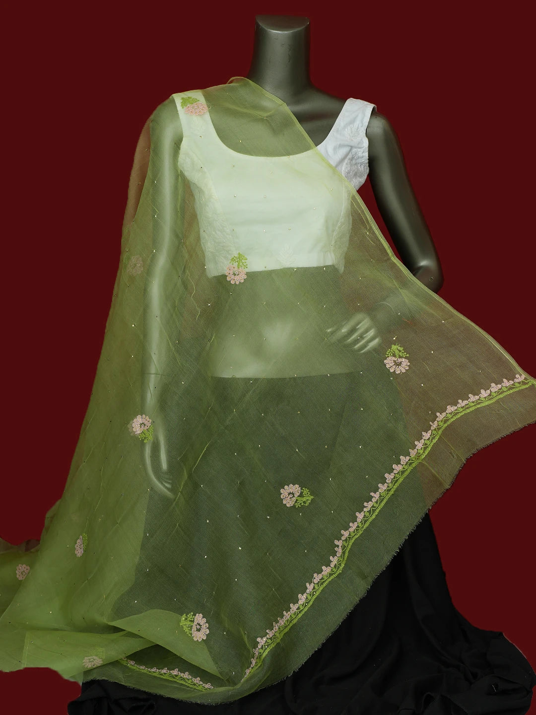 Ada Hand Embroidered Lime Green Organza Lucknowi Chikankari Dupatta With Muqaish Work 01A517561