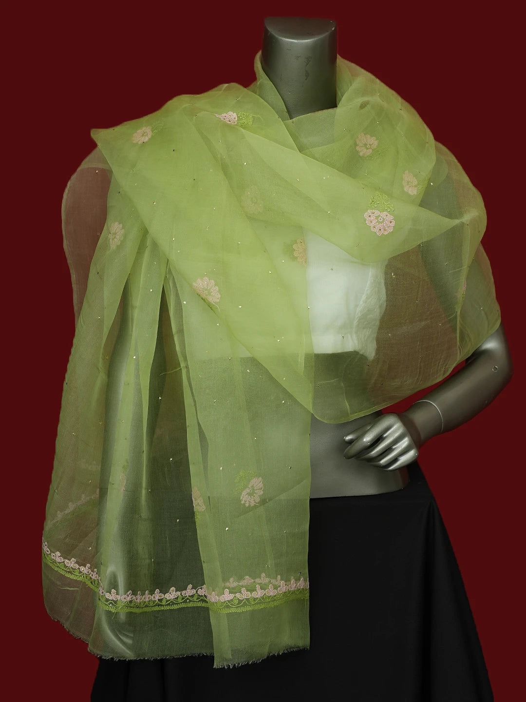 Ada Hand Embroidered Lime Green Organza Lucknowi Chikankari Dupatta With Muqaish Work 01A517561
