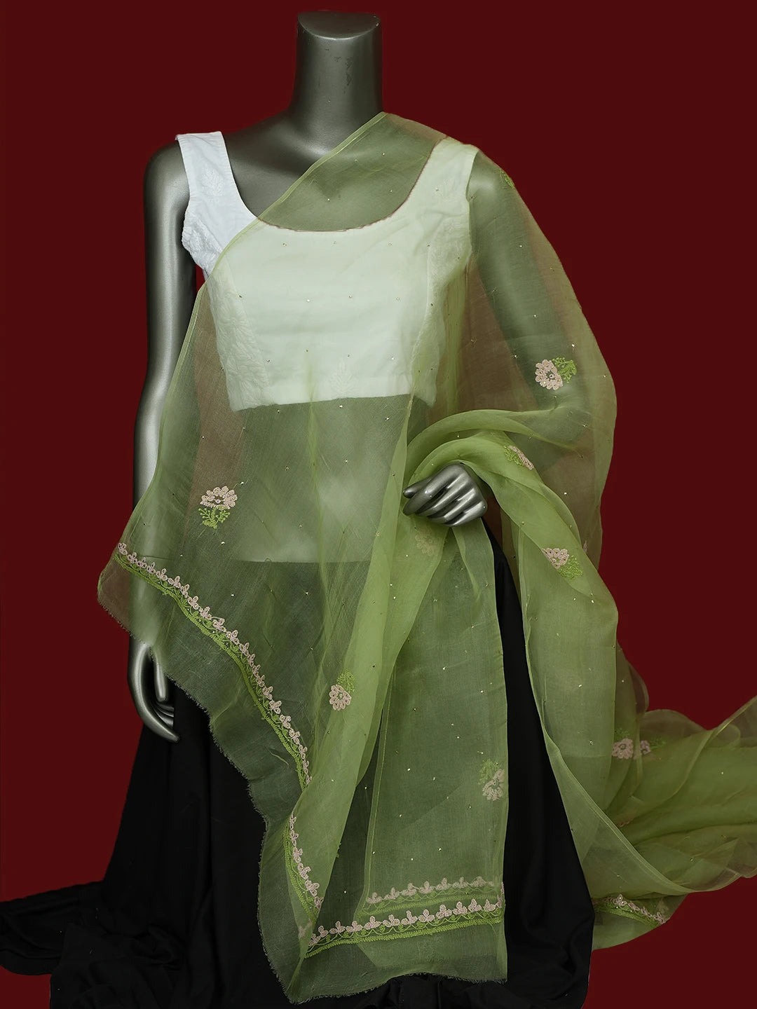 Ada Hand Embroidered Lime Green Organza Lucknowi Chikankari Dupatta With Muqaish Work 01A517561