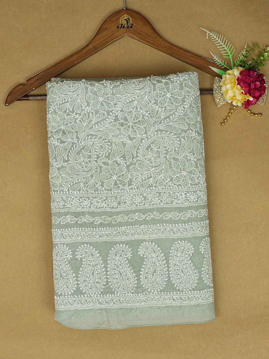 Ada Hand Embroidered Grey Cotton Lucknowi Chikankari Unstitched Kurta Piece 01A711946
