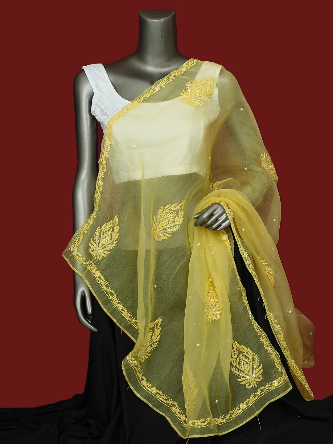Ada Hand Embroidered Yellow Organza Lucknowi Chikankari Dupatta With Pearl Work 01A682651