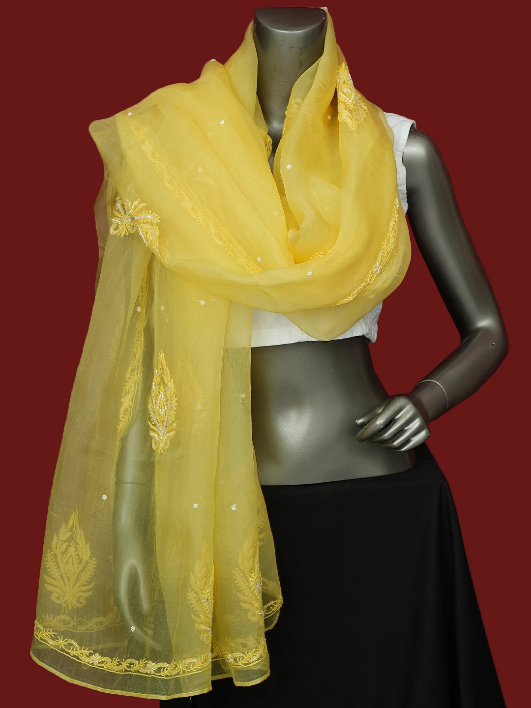 Ada Hand Embroidered Yellow Organza Lucknowi Chikankari Dupatta With Pearl Work 01A682651
