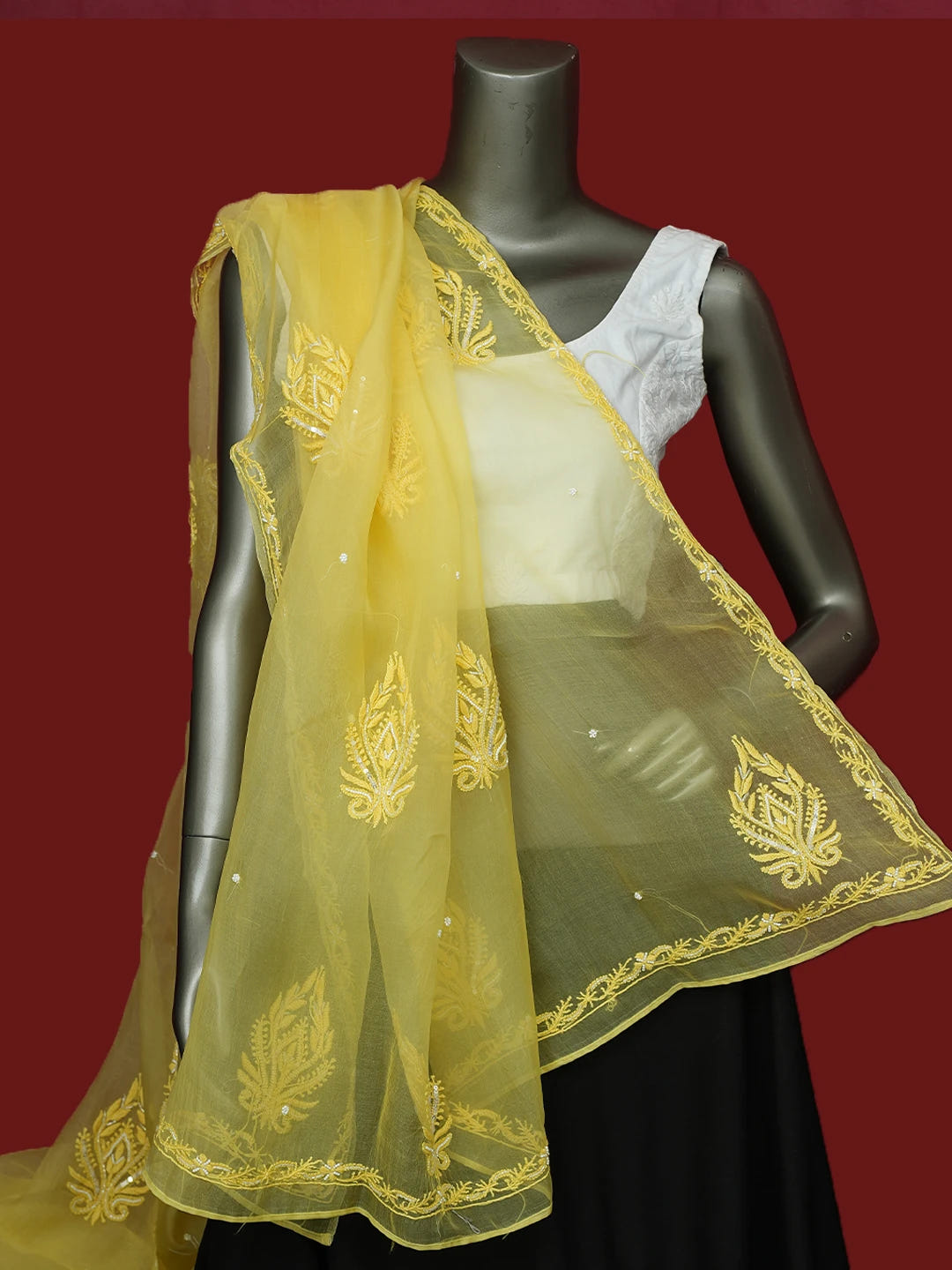 Ada Hand Embroidered Yellow Organza Lucknowi Chikankari Dupatta With Pearl Work 01A682651
