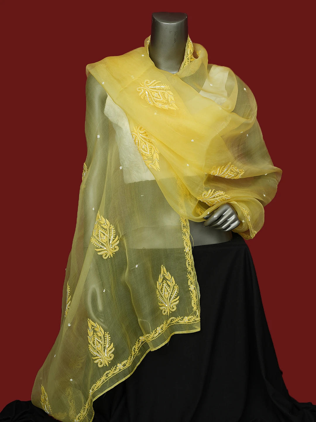 Ada Hand Embroidered Yellow Organza Lucknowi Chikankari Dupatta With Pearl Work 01A682651