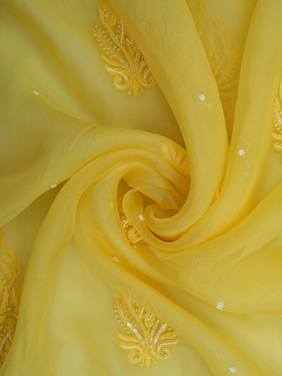 Ada Hand Embroidered Yellow Organza Lucknowi Chikankari Dupatta With Pearl Work 01A682651