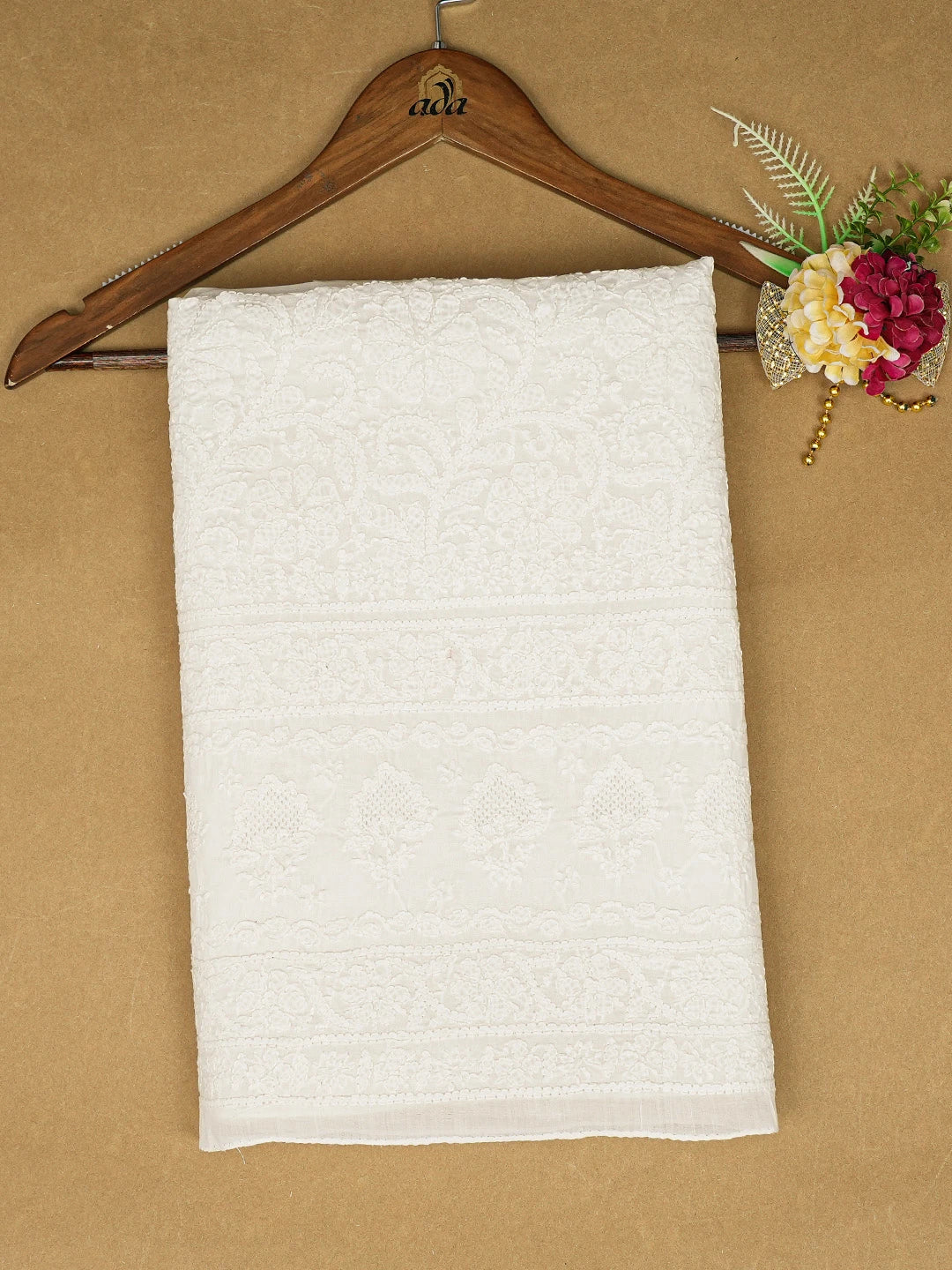 Ada Hand Embroidered White Cotton Lucknowi Chikankari Unstitched Kurta Piece 01A711952