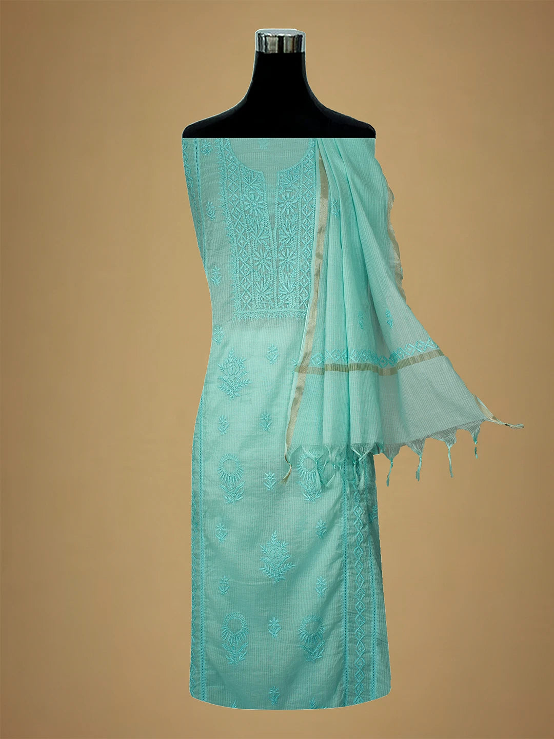 Ada Hand Embroidered Aquamarine Green Chanderi Lucknowi Chikankari Semi-Stitched Kurta Dupatta Set 01A639216