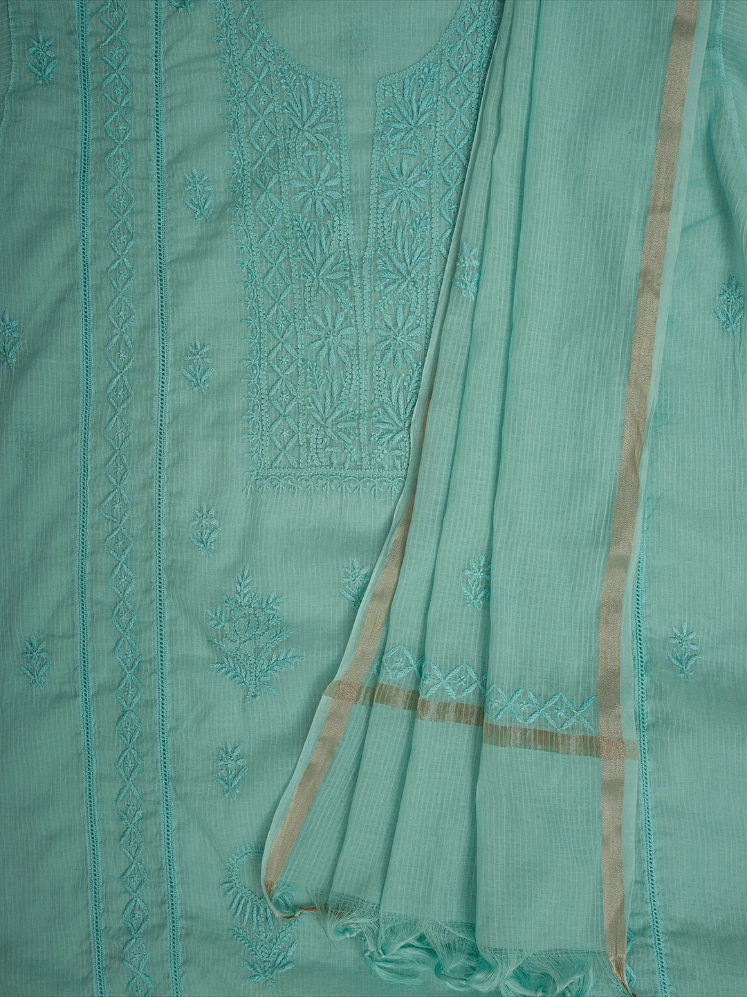 Ada Hand Embroidered Aquamarine Green Chanderi Lucknowi Chikankari Semi-Stitched Kurta Dupatta Set 01A639216