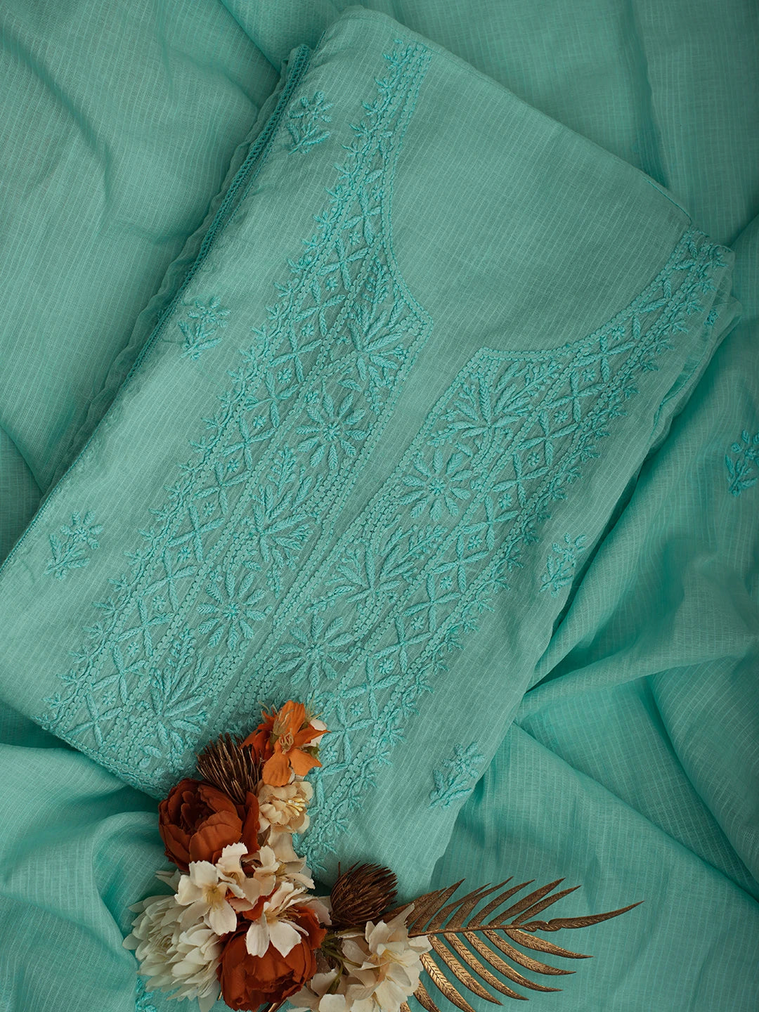 Ada Hand Embroidered Aquamarine Green Chanderi Lucknowi Chikankari Semi-Stitched Kurta Dupatta Set 01A639216