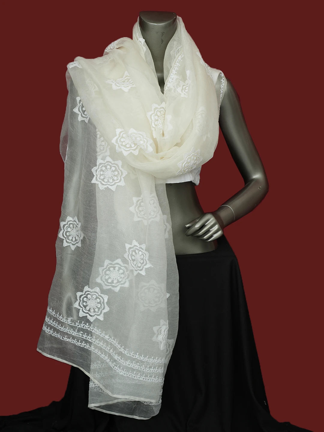 Ada Hand Embroidered White Organza Lucknowi Chikankari Dupatta 01A695068