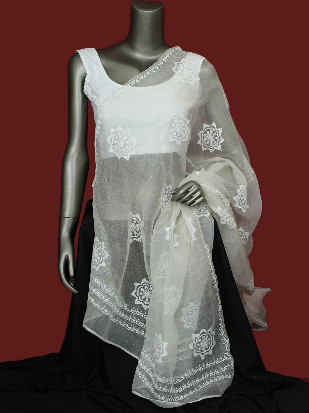 Ada Hand Embroidered White Organza Lucknowi Chikankari Dupatta 01A695068