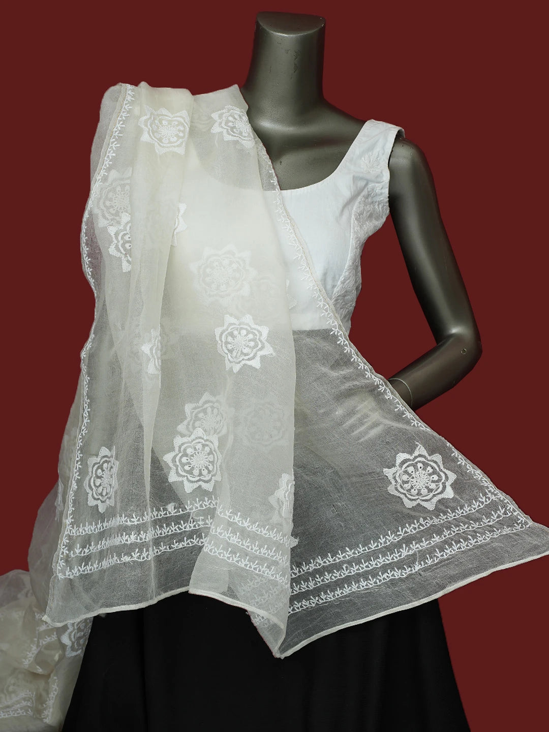 Ada Hand Embroidered White Organza Lucknowi Chikankari Dupatta 01A695068