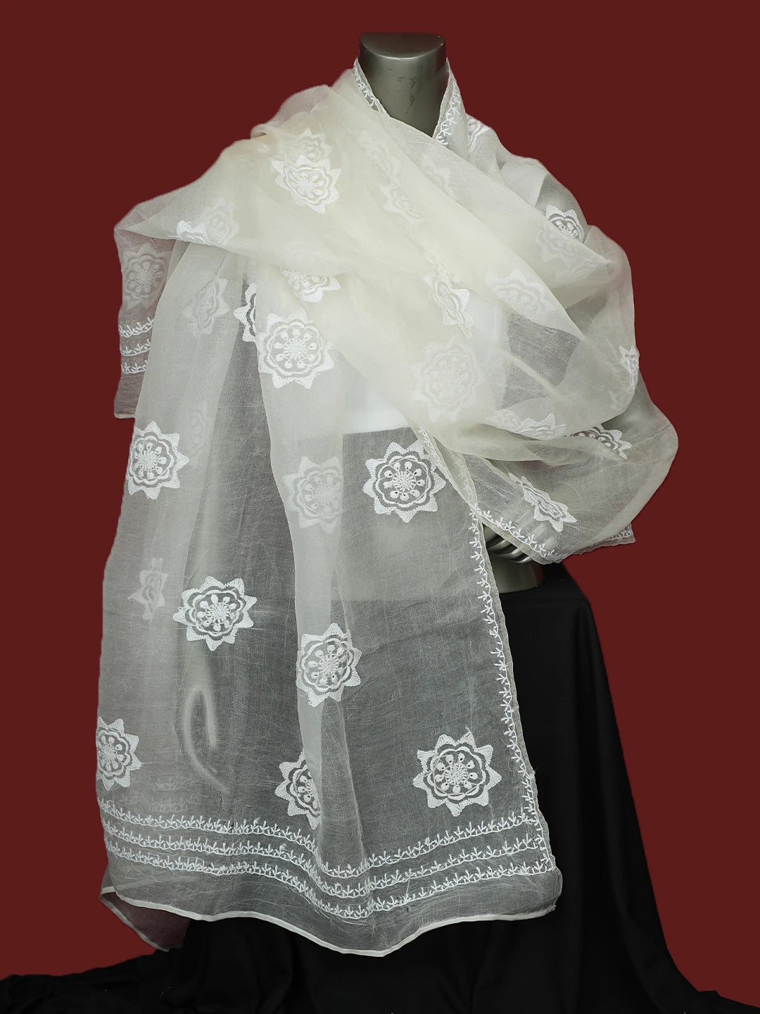 Ada Hand Embroidered White Organza Lucknowi Chikankari Dupatta 01A695068