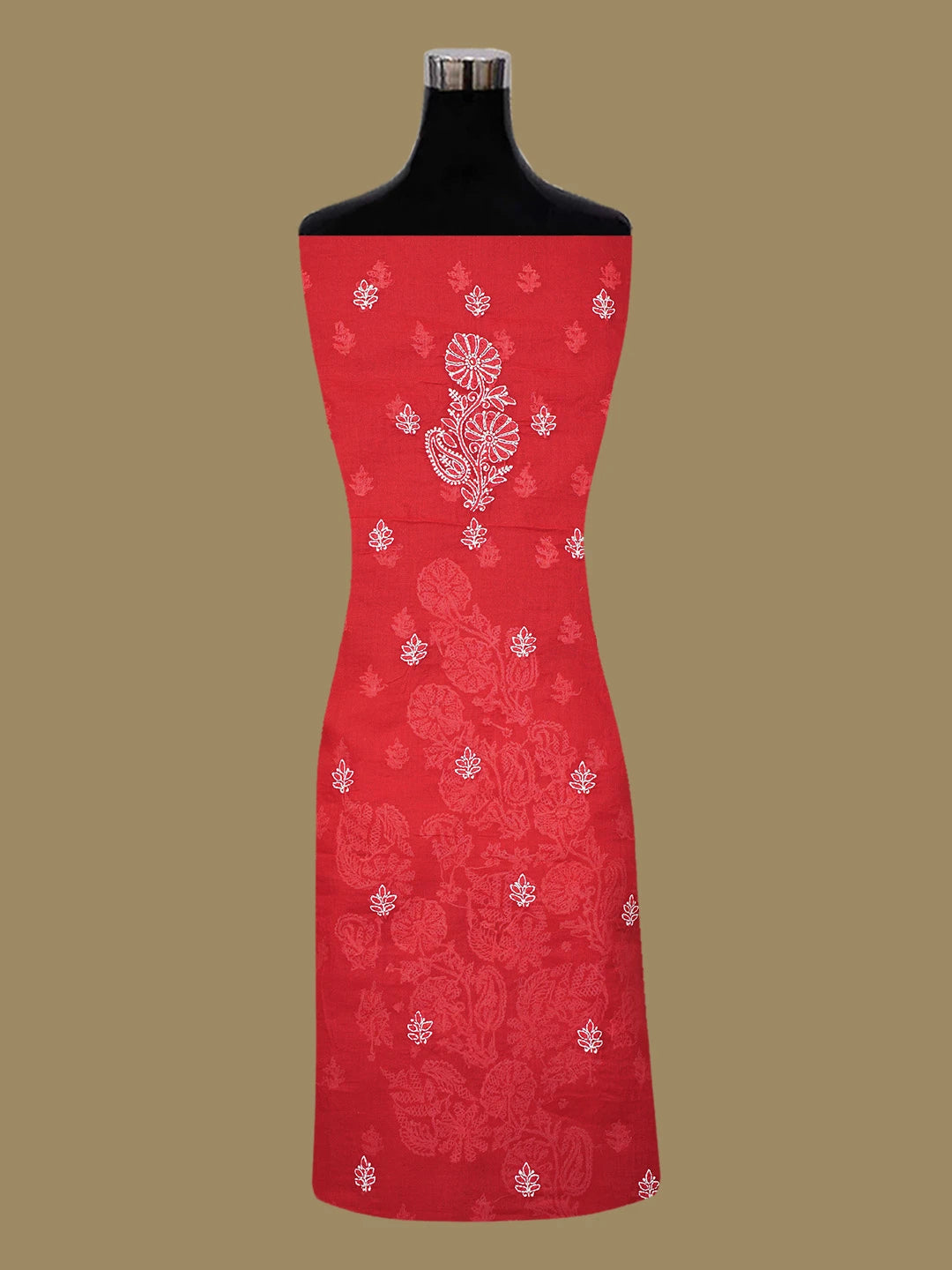 Ada Hand Embroidered Red Cotton Lucknowi Chikankari Unstitched Kurta Piece 01A712141
