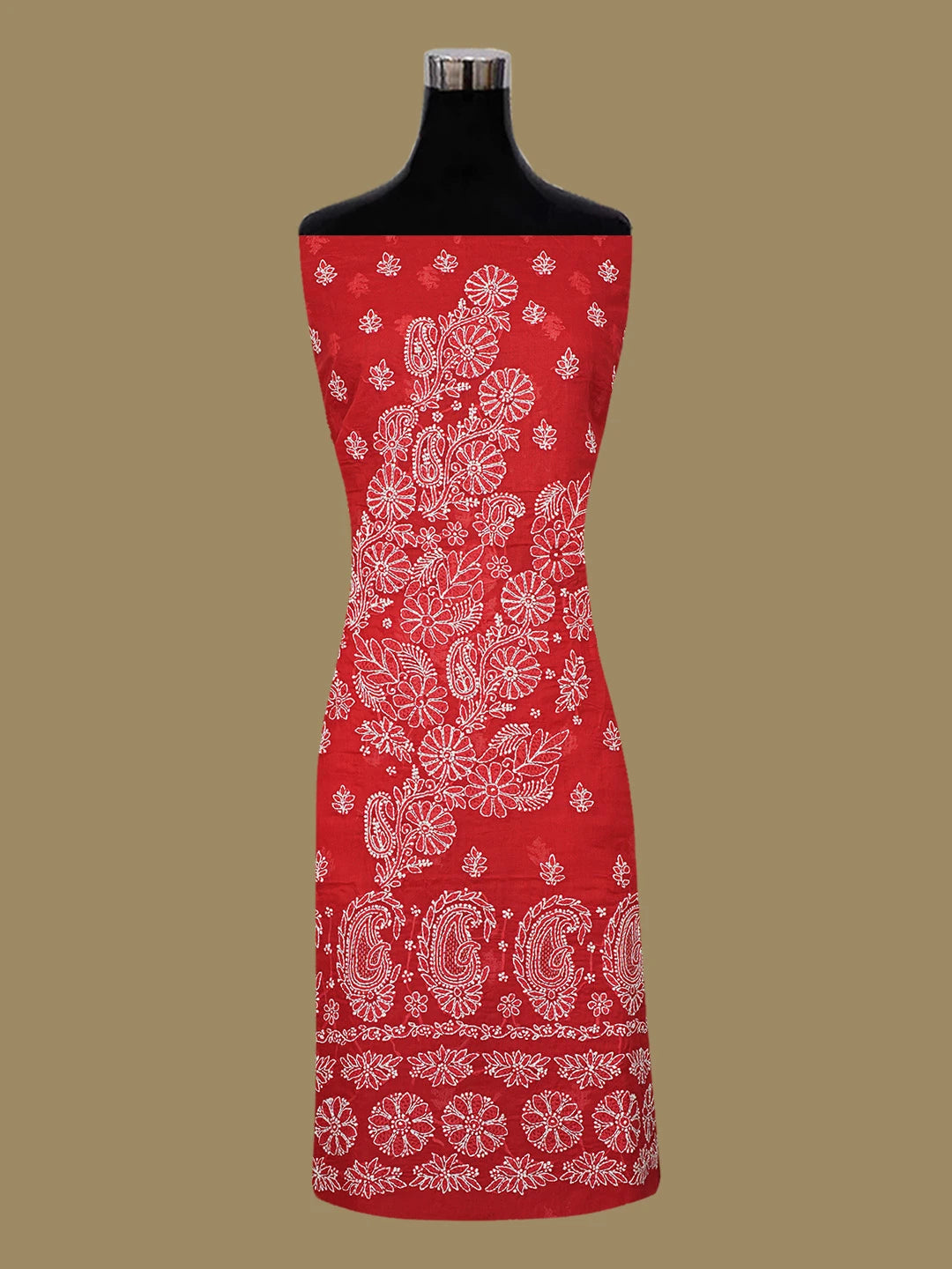 Ada Hand Embroidered Red Cotton Lucknowi Chikankari Unstitched Kurta Piece 01A712141