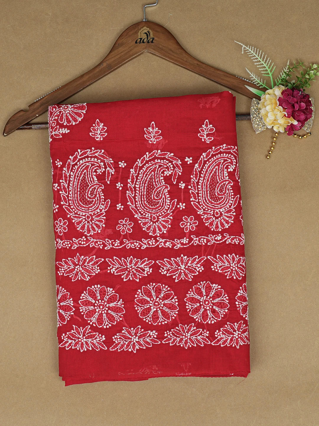 Ada Hand Embroidered Red Cotton Lucknowi Chikankari Unstitched Kurta Piece 01A712141