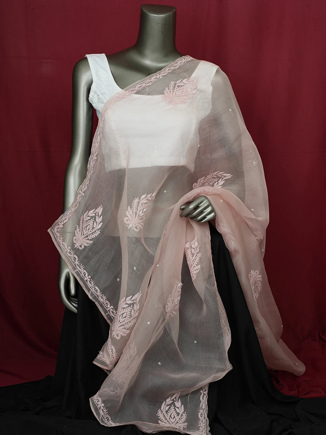 Ada Hand Embroidered Dusty Peach Organza Lucknowi Chikankari Dupatta With Cutdana Work 01A682653