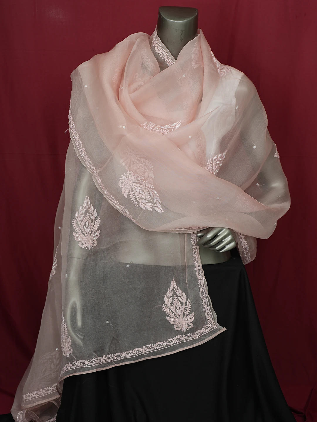 Ada Hand Embroidered Dusty Peach Organza Lucknowi Chikankari Dupatta With Cutdana Work 01A682653