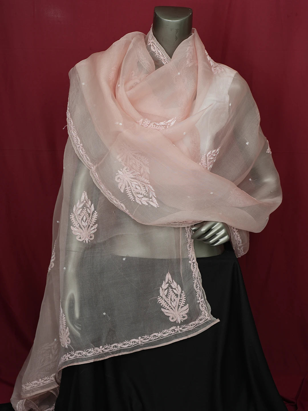 Ada Hand Embroidered Dusty Peach Organza Lucknowi Chikankari Dupatta With Cutdana Work 01A682653