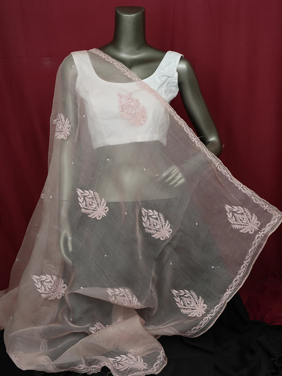 Ada Hand Embroidered Dusty Peach Organza Lucknowi Chikankari Dupatta With Cutdana Work 01A682653