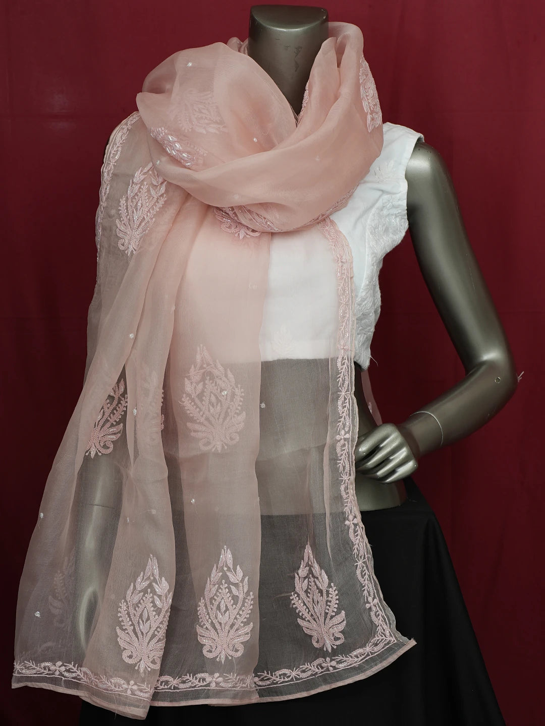 Ada Hand Embroidered Dusty Peach Organza Lucknowi Chikankari Dupatta With Cutdana Work 01A682653