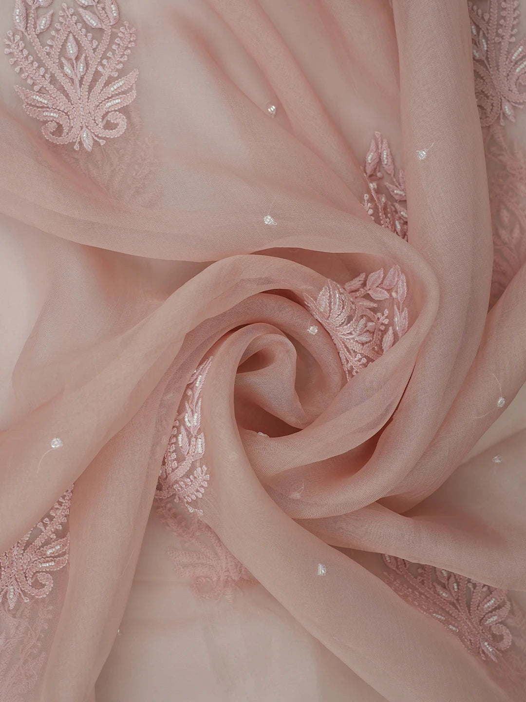 Ada Hand Embroidered Dusty Peach Organza Lucknowi Chikankari Dupatta With Cutdana Work 01A682653