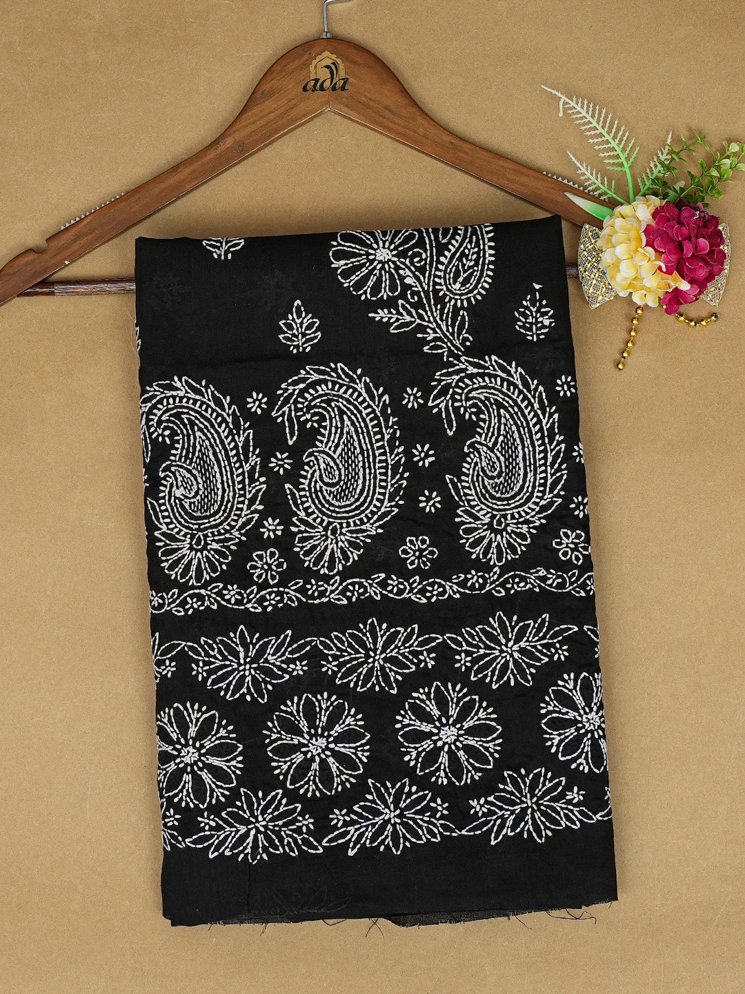 Ada Hand Embroidered Black Cotton Lucknowi Chikankari Unstitched Kurta Piece 01A712184