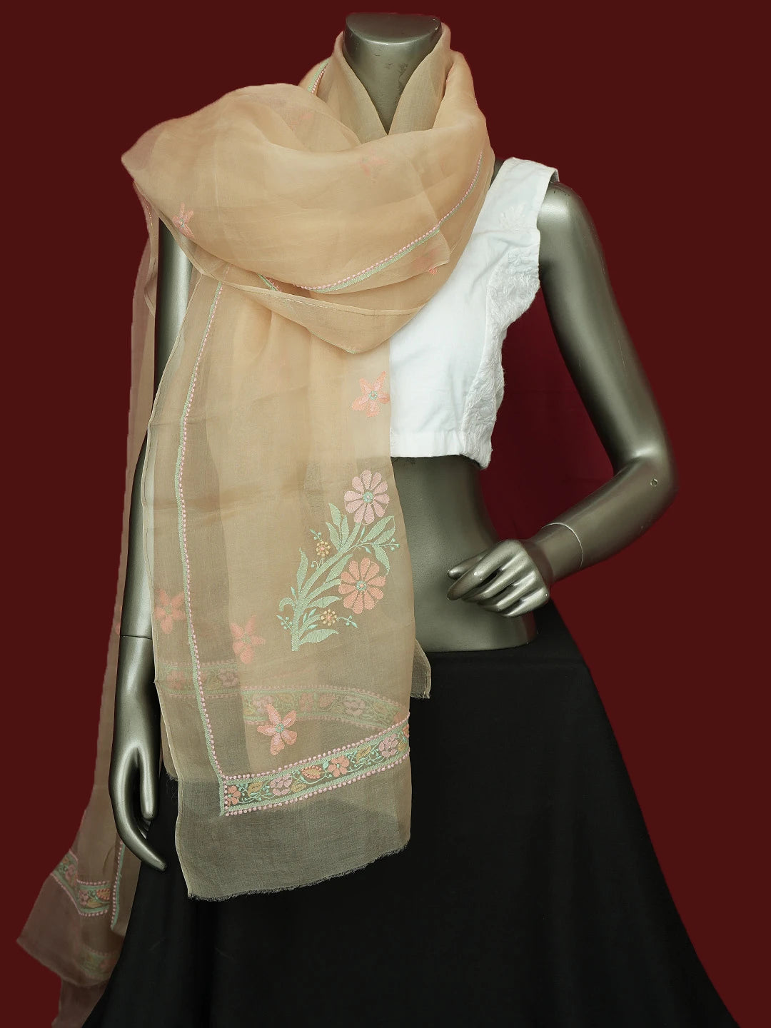 Ada Hand Embroidered Fawn Organza Lucknowi Chikankari Dupatta 01A517564