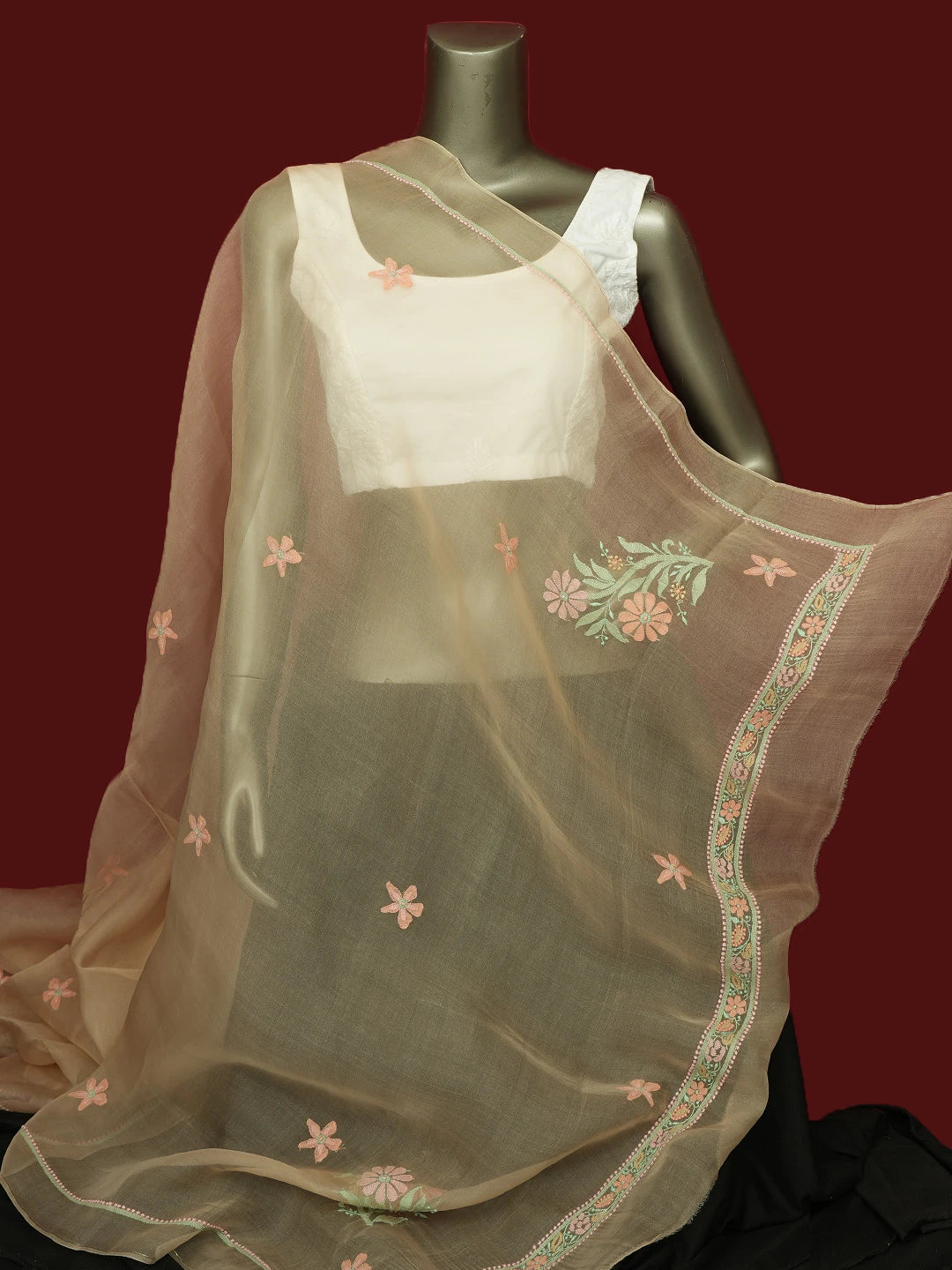 Ada Hand Embroidered Fawn Organza Lucknowi Chikankari Dupatta 01A517564