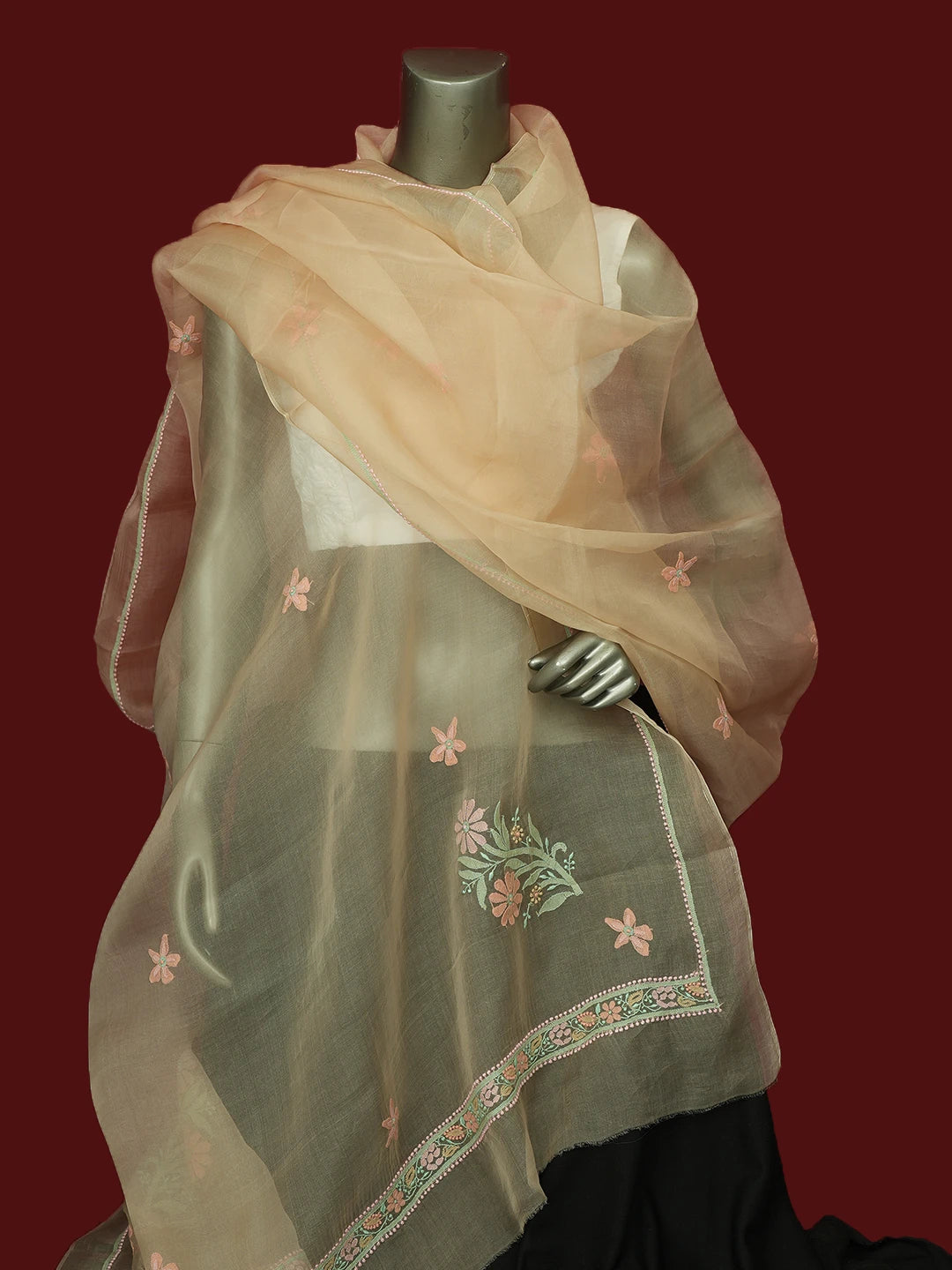 Ada Hand Embroidered Fawn Organza Lucknowi Chikankari Dupatta 01A517564