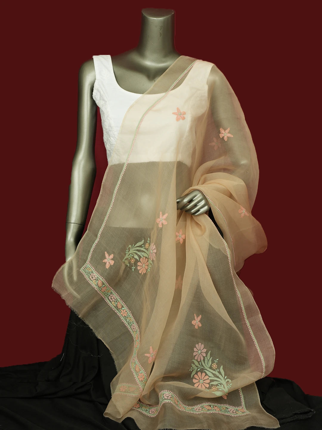 Ada Hand Embroidered Fawn Organza Lucknowi Chikankari Dupatta 01A517564