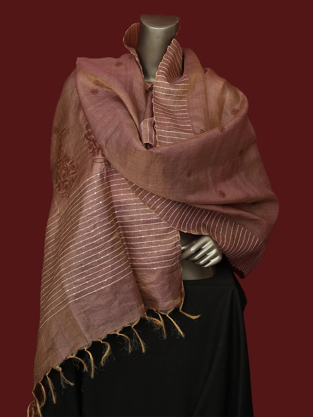 Ada Hand Embroidered Dusty Peach Silk Lucknowi Chikankari Dupatta With Sequins Work 01A694059
