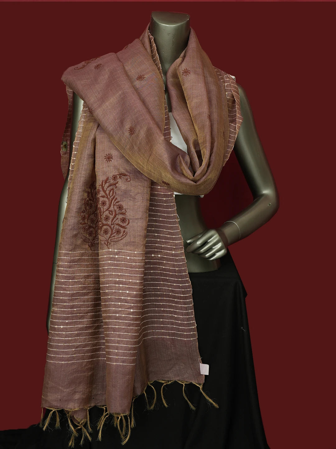 Ada Hand Embroidered Dusty Peach Silk Lucknowi Chikankari Dupatta With Sequins Work 01A694059