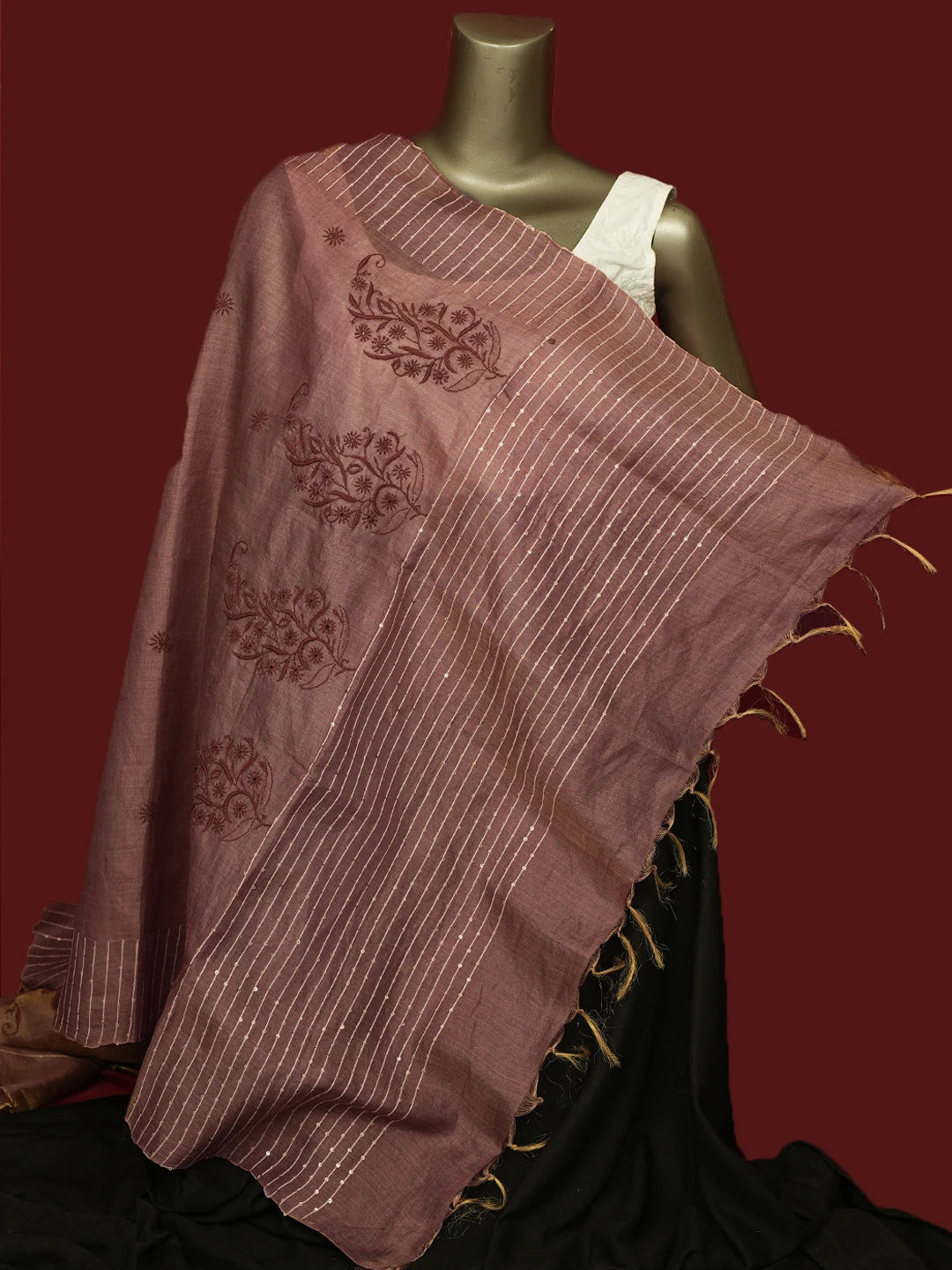 Ada Hand Embroidered Dusty Peach Silk Lucknowi Chikankari Dupatta With Sequins Work 01A694059